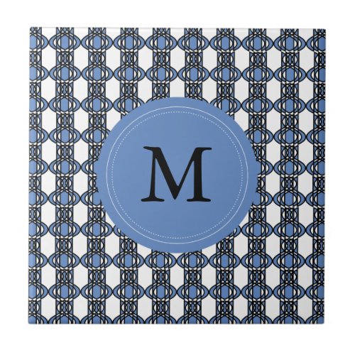 Mod Retro Monogram Blue Abstract Scarab Pattern Ceramic Tile