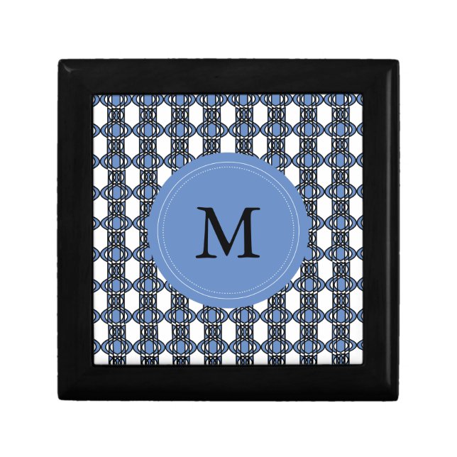 Mod Retro Monogram Blue Abstract Scarab Pattern Jewelry Box (Front)