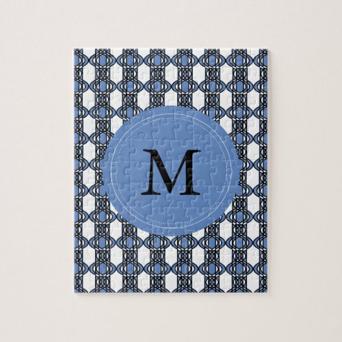 Mod Retro Monogram Blue Abstract Scarab Pattern Jigsaw Puzzle