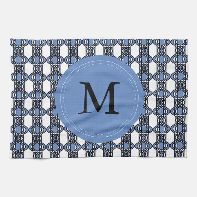 Mod Retro Monogram Blue Abstract Scarab Pattern Kitchen Towel (Horizontal)