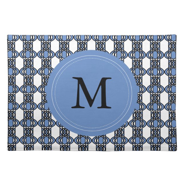 Mod Retro Monogram Blue Abstract Scarab Pattern Placemat (Front)