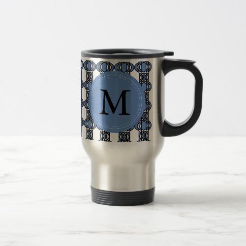 Mod Retro Monogram Blue Abstract Scarab Pattern Travel Mug