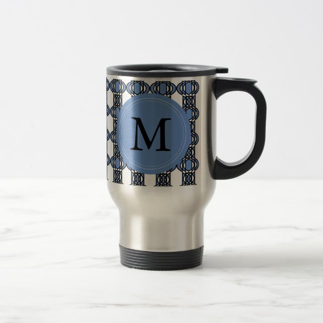 Mod Retro Monogram Blue Abstract Scarab Pattern Travel Mug (Right)