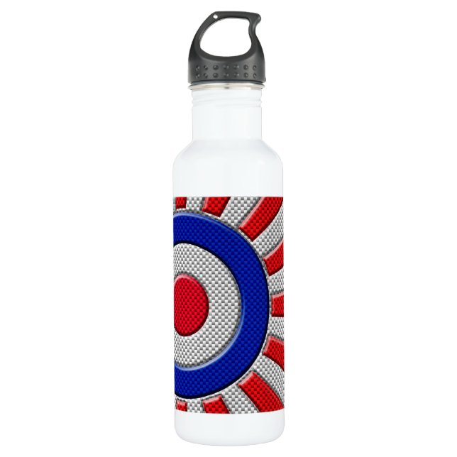 Mod Roundel Sunburst Design in Carbon Fiber Style Water Bottle (Front)