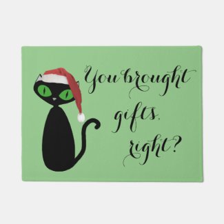 Black Cat with Santa Hat Christmas Funny Door Rug