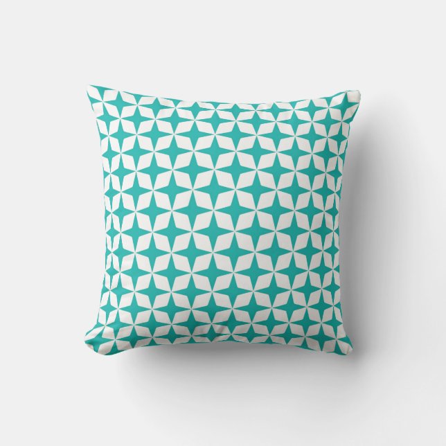 Mod Star Pattern in Aqua Blue and White Throw Pillow (Front)