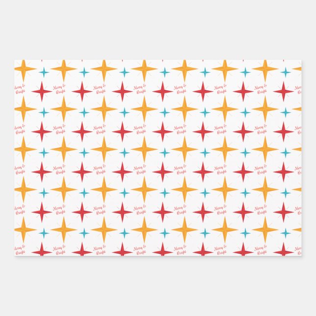 Mod Stars Christmas, Retro Mid-Century Modern Wrapping Paper Sheets (Front)