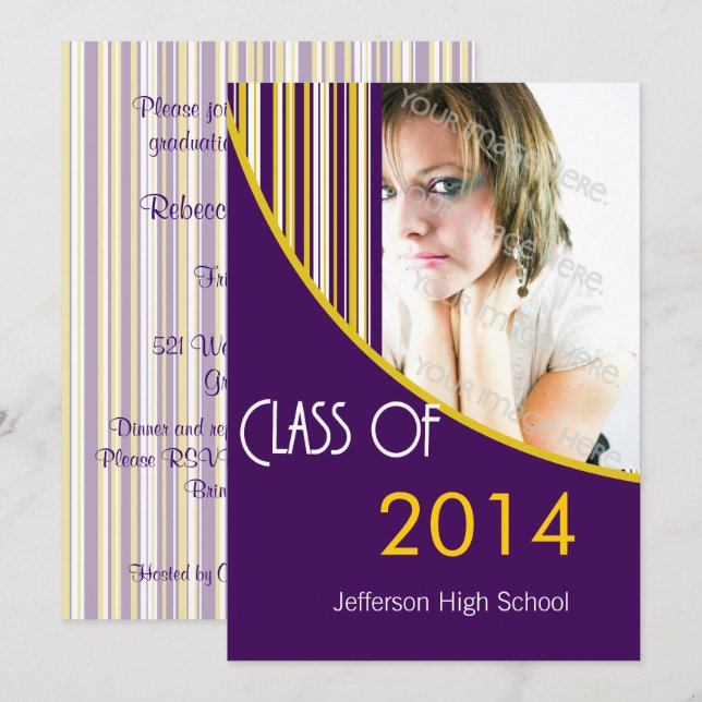 Mod Stripes Graduation Party Invite Purple & Gold (Front/Back)