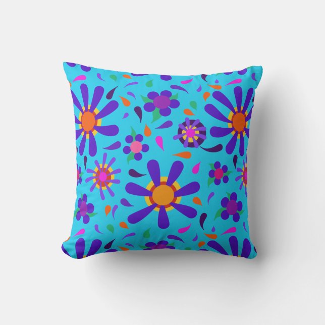 Mod Style Purple Flowers on Aqua Blue Throw Pillow (Front)