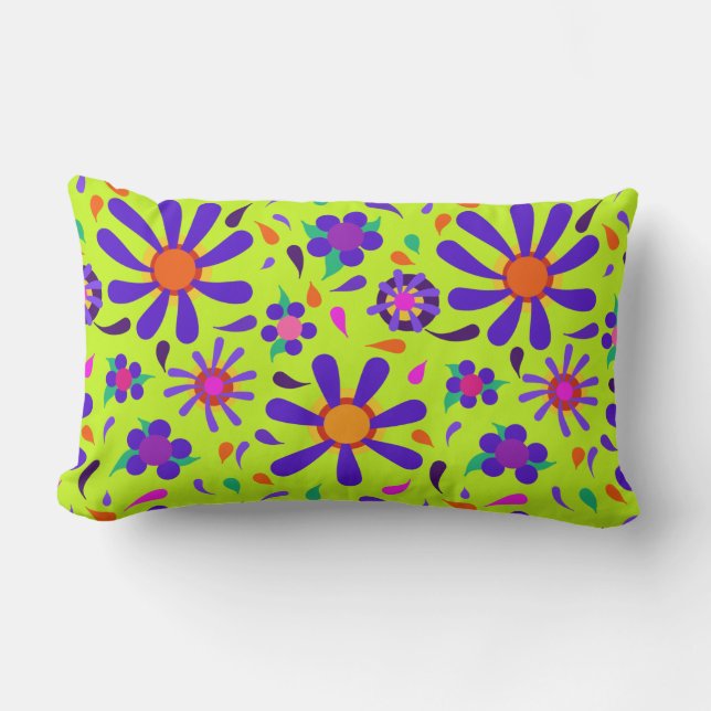 Mod Style Purple Flowers on Peridot Green Lumbar Pillow (Front)