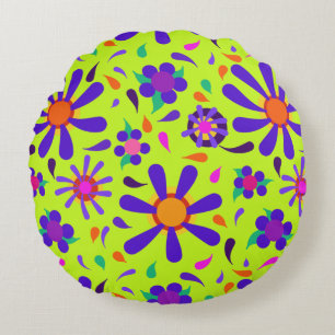 MOD Style Purple Flowers on Peridot Green  Round Pillow