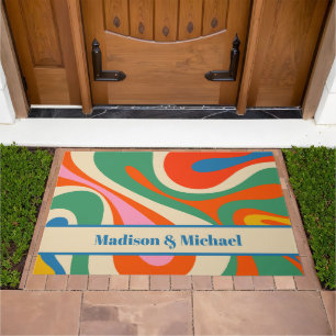 Mod Swirl Groovy Retro Colorful Personalized Doormat