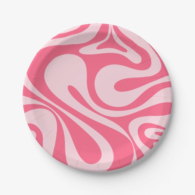 Mod Swirl Retro Modern Abstract Pattern Pink Paper Plates (Front)