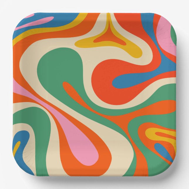 Mod Swirl Retro Trippy Colorful Abstract Pattern Paper Plates (Front)