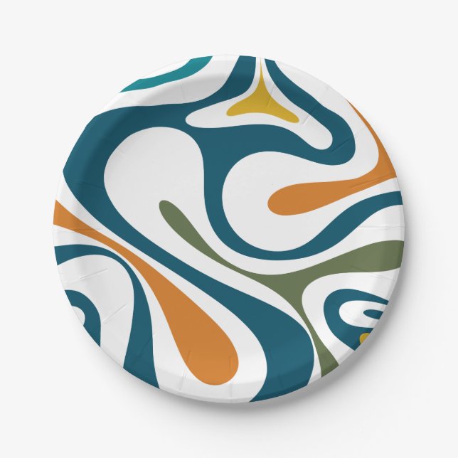 Mod Swirl Trippy Retro Modern Abstract Pattern Paper Plates (Front)
