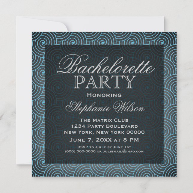 Mod Swirls Bachelorette Party Invite, Blue Invitation (Front)