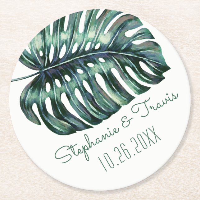 Mod Tropical Palm Leaf Monstera Greenery Round Paper Coaster (Front)