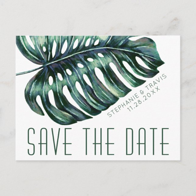 Mod Tropics Monstera Leaf Save the Date Postcard (Front)