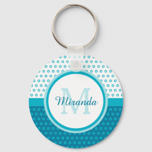Mod Turquoise Blue Polka Dots Monogram With Name Keychain
