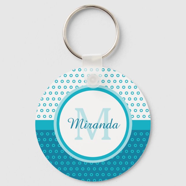 Mod Turquoise Blue Polka Dots Monogram With Name Keychain (Front)