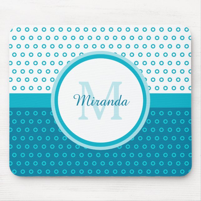 Mod Turquoise Blue Polka Dots Monogram With Name Mouse Pad (Front)