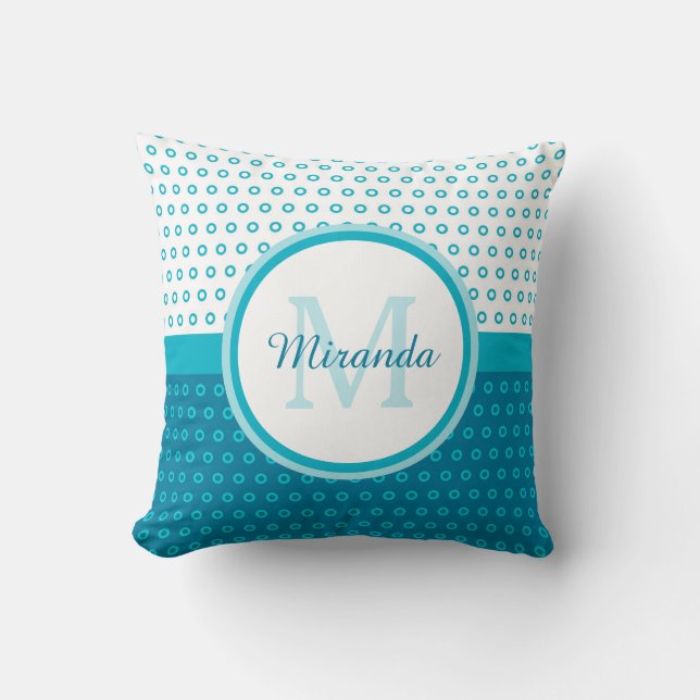 Mod Turquoise Blue Polka Dots Monogram With Name Throw Pillow (Front)