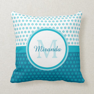 Mod Turquoise Blue Polka Dots Monogram With Name Throw Pillow