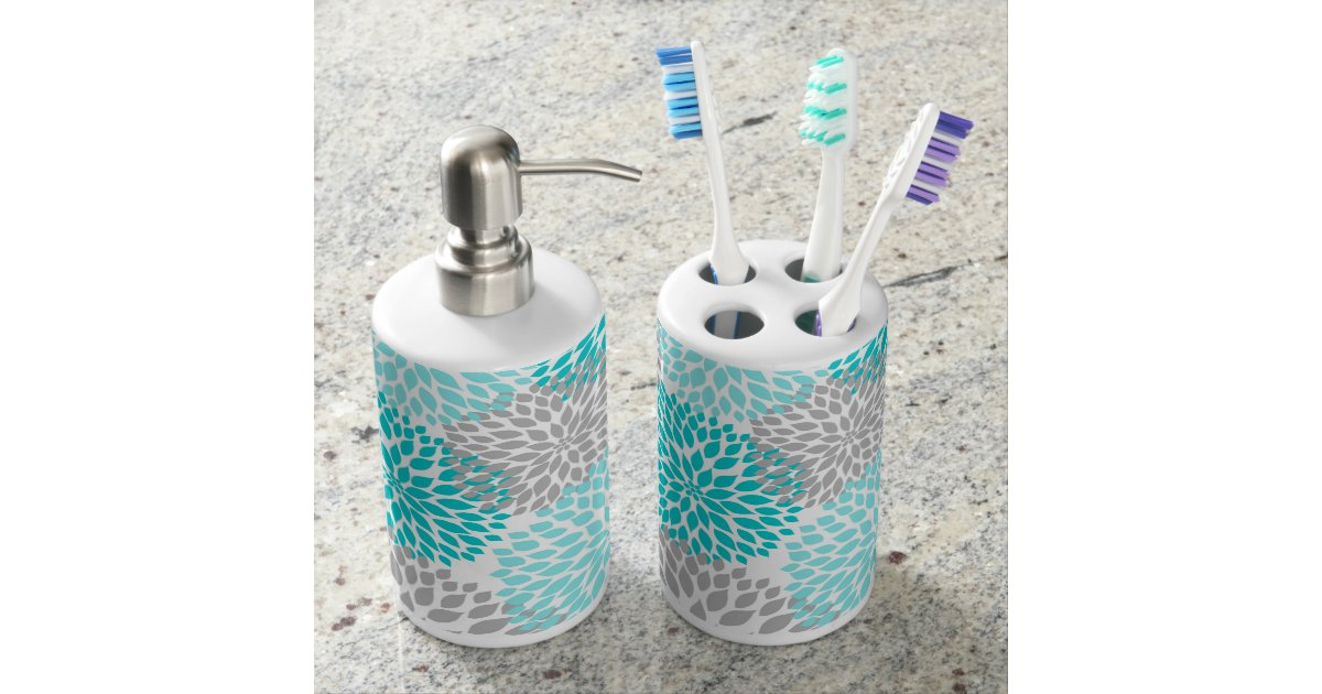 Mod Turquoise Teal Gray Fl Dahlias Bath Decor Bathroom Set Zazzle Com - Teal Bathroom Accessories Mod Turquoise Teal Gray Fl Dahlias Bath Decor Bathroom Set Zazzle Com - Teal Bathroom Accessories
