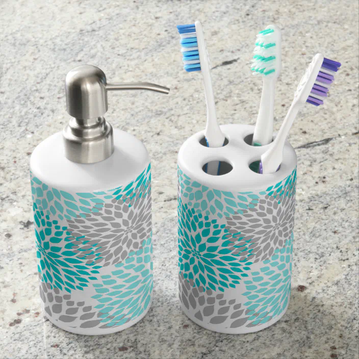 Mod Turquoise Teal Gray Floral Dahlias Bath Decor Bathroom Set Zazzle Com