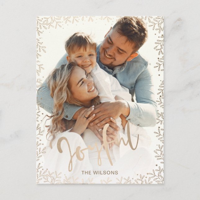 Mod Typography Simple Joyful Rose Gold Holiday Postcard (Front)