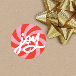 Mod Wavy Groovy Christmas Pink Red Joy Script Classic Round Sticker<br><div class="desc">This fun and festive holiday sticker features a red and pink wavy retro background and modern script. This label coordinates with our Mod Wavy Groovy holiday photo cards. The colors are customizable by using the editor tool.</div>