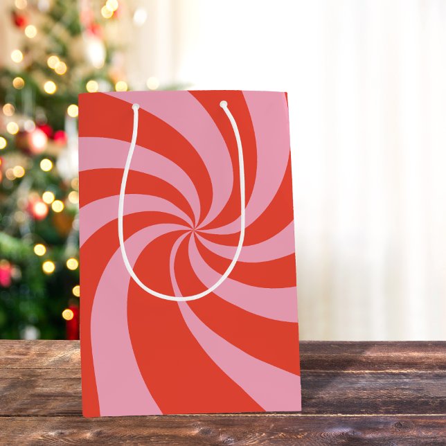 Mod Wavy Groovy Hippie Retro Christmas Pink Red Medium Gift Bag (Creator Uploaded)