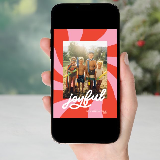 Mod Wavy Retro Christmas Pink Red Photo Holiday Card (Front Digital)