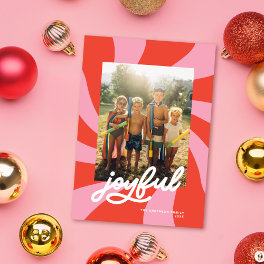 Mod Wavy Retro Christmas Pink Red Photo Holiday Card
