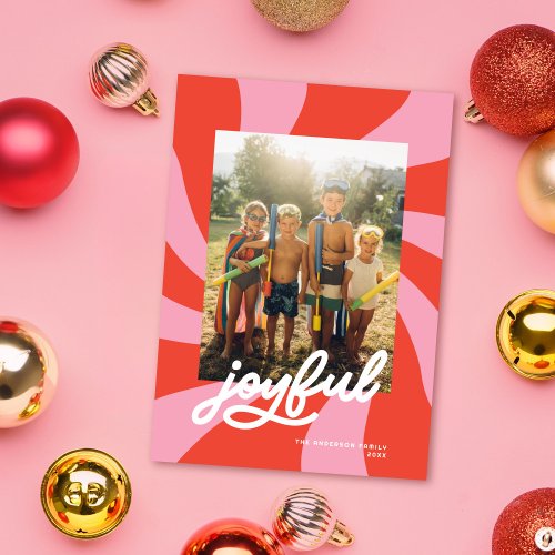 Mod Wavy Retro Christmas Pink Red Photo Holiday Card