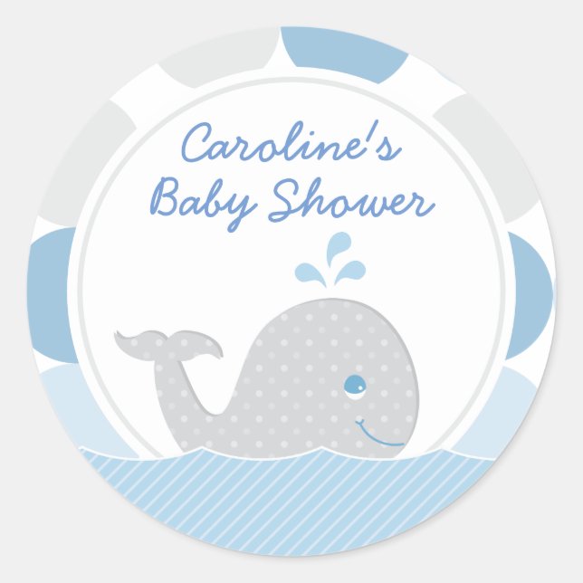 Mod Whale Baby Boy Shower Blue and Gray Sticker (Front)