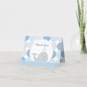 Mod Whale Baby Boy Shower Blue & Gray Dots Thank Y You Card