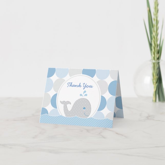 Mod Whale Baby Boy Shower Blue & Gray Dots Thank Y You Card (Front)