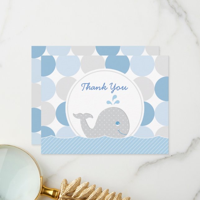 Mod Whale Baby Boy Shower Blue & Gray Dots Thank You Card (Front/Back In Situ)