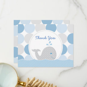 Mod Whale Baby Boy Shower Blue & Gray Dots Thank You Card