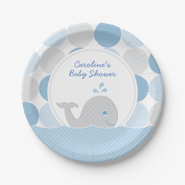 Mod Whale Baby Boy Shower Blue & Gray Paper Plates (Front)