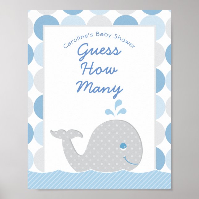 Mod Whale Guess How Many Boy Baby Shower Game Poster (Front)