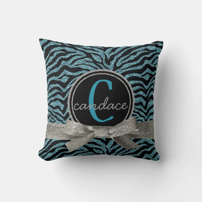 Mod Wild Zebra Black and Blue Monogram Throw Pillow (Front)