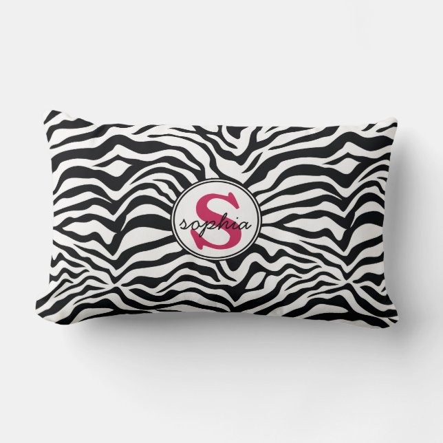 Mod Zebra Print with Girly Pink Monogram Lumbar Pillow (Front)