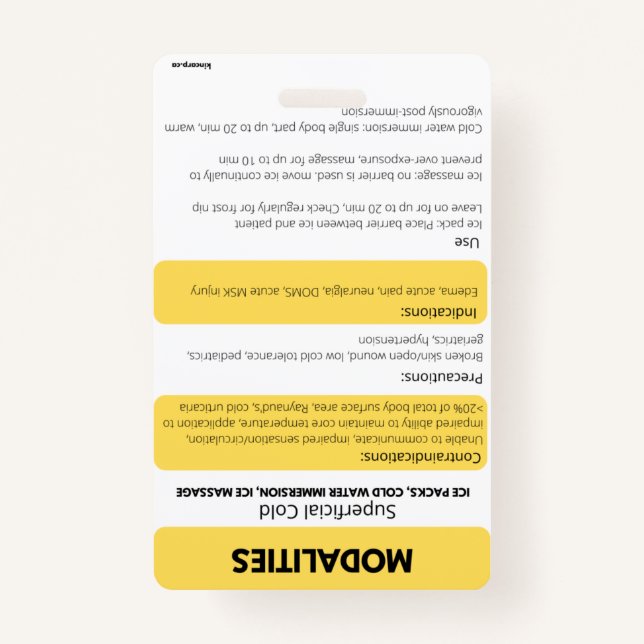 Modalities (Hot/Cold) Badge Card Reference  (Back)