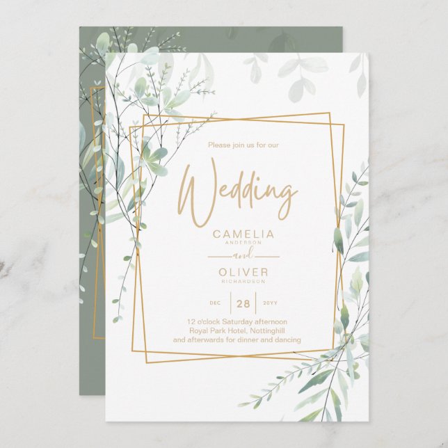 Modeern Greenery Wedding QR Code RSVP Invitation (Front/Back)