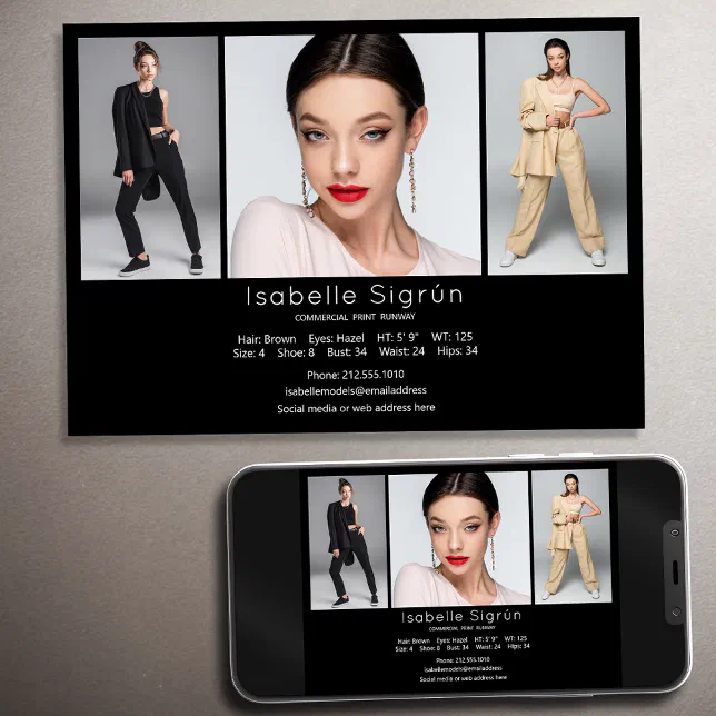 Model Actor 3 Photo Comp Card Template 5x7 Black | Zazzle