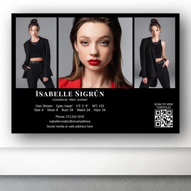 Model Actor 3 Photo Comp Card Template 5x7 Black | Zazzle