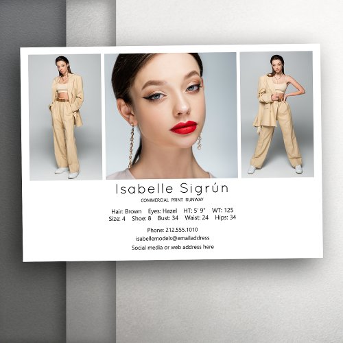 Model Actor 3 Photo Comp Card Template 5x7 White