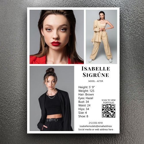 Model Actor 3 Photo Comp Card Template White QR